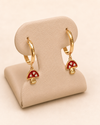 14K Gold Red Mushroom Charm Hoop Earrings – 1.2g
