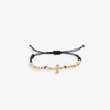 YELLOW GOLD CZ SIDEWAYS CROSS BEADED MEN'S LEATHER BRACELET