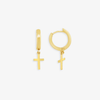 14K YELLOW GOLD DANGLING MINI CROSS HUGGIE EARRING
